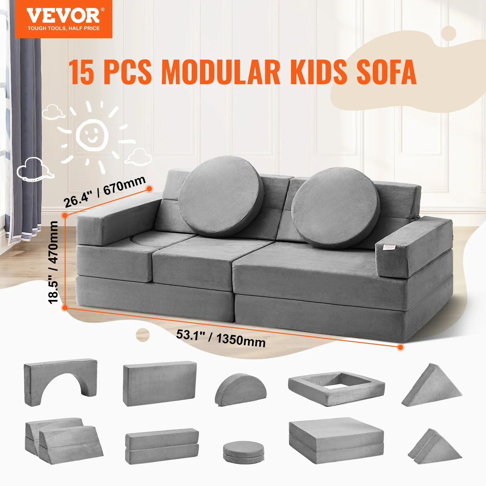 VEVOR Play Couch Kids Sofa Toddler Foam Sofa Couch with High-density 25D Sponge for Playing Creativing Sleeping Kids Furniture - Image 2