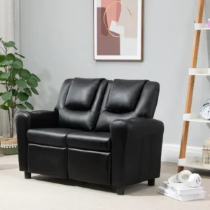 Toddler Recliner, Double Kids Couch with Cup Holder, PU Leather Kids Sofa, Kids Loveseat w/Adjustable Footrest & Headres