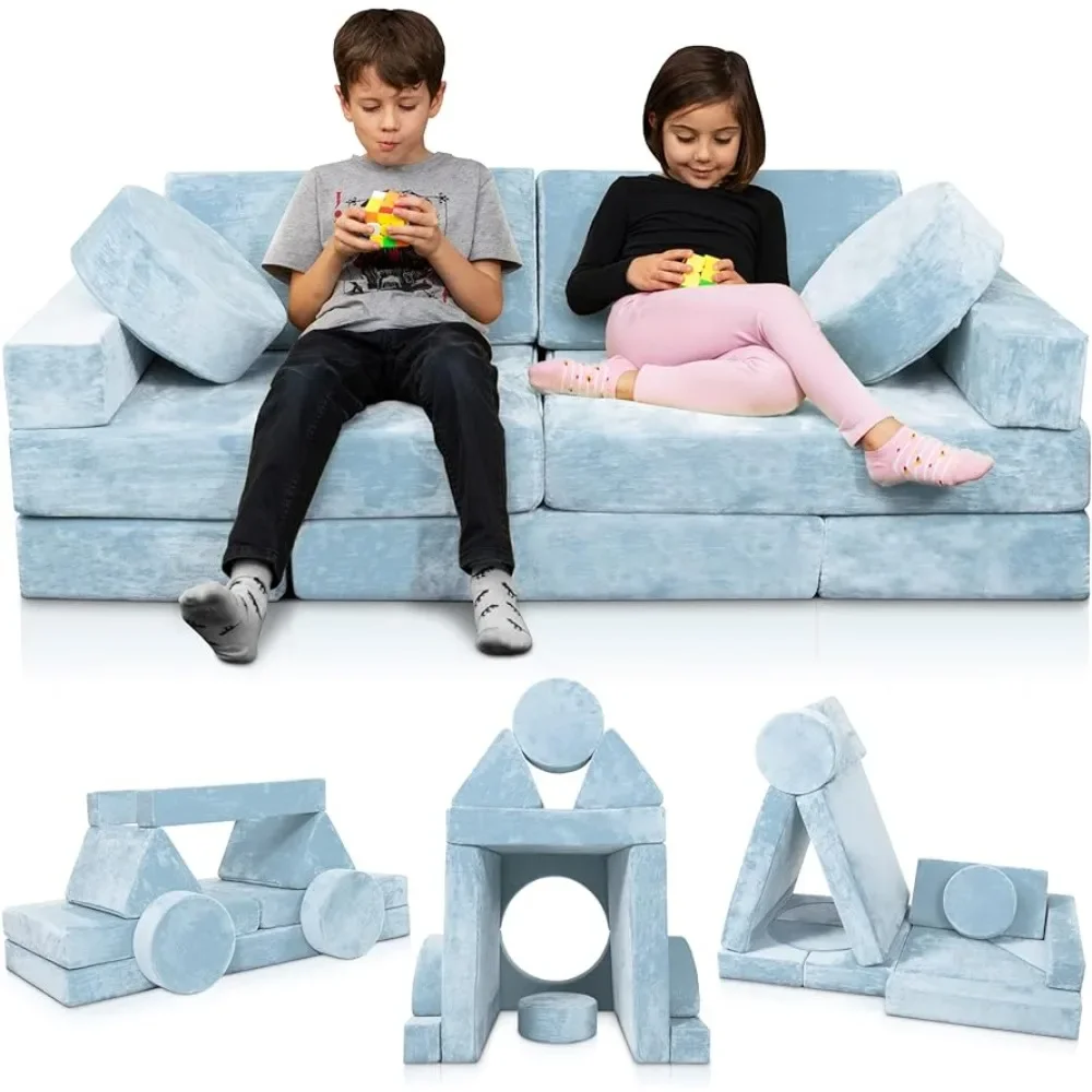 Lunix LX15 14pcs Modular Kids Play Couch, Child Sectional Sofa, Fortplay Bedroom and Playroom Furniture for Toddlers, Blue